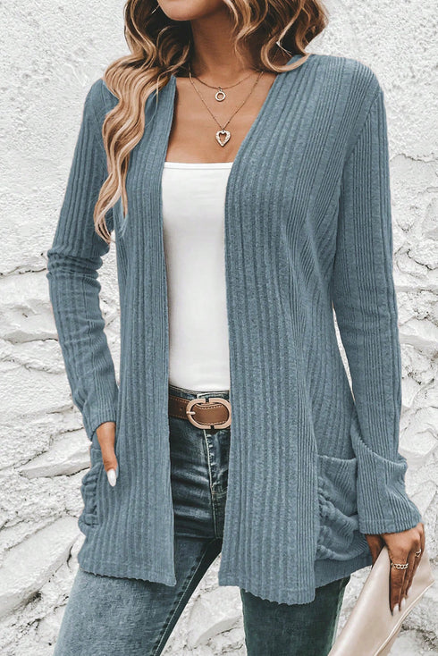 Ribbed Open Front Patch Pocket Long Sleeve Knit Cardigan